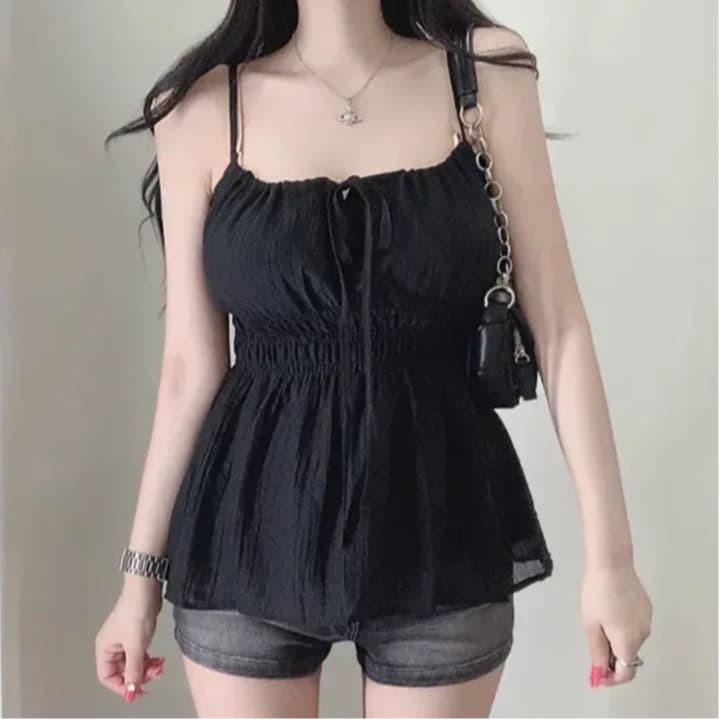 한국 chic 여름 민소매 시폰 셔츠 여성 펌프 로프 동점 벨트 측면 칼라 몸매 가꾸기 슬림해 보이는 슬립 캐주얼 섹시함 맨위 이미지 3