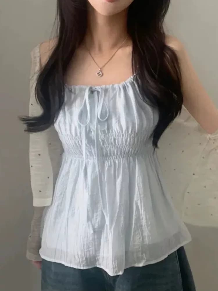한국 chic 여름 민소매 시폰 셔츠 여성 펌프 로프 동점 벨트 측면 칼라 몸매 가꾸기 슬림해 보이는 슬립 캐주얼 섹시함 맨위 상세 이미지 1