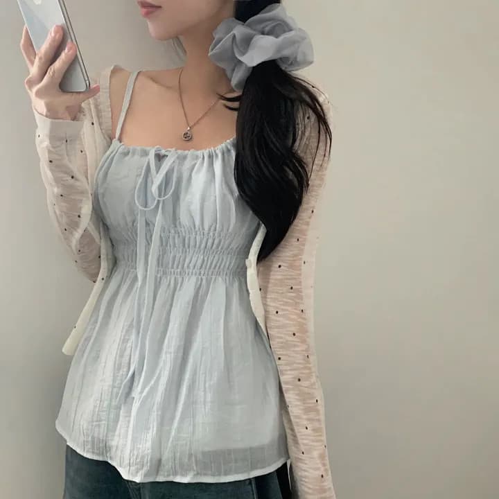 한국 chic 여름 민소매 시폰 셔츠 여성 펌프 로프 동점 벨트 측면 칼라 몸매 가꾸기 슬림해 보이는 슬립 캐주얼 섹시함 맨위 상세 이미지 8