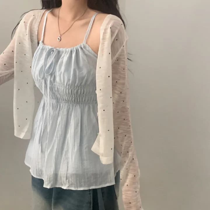 한국 chic 여름 민소매 시폰 셔츠 여성 펌프 로프 동점 벨트 측면 칼라 몸매 가꾸기 슬림해 보이는 슬립 캐주얼 섹시함 맨위 상세 이미지 17