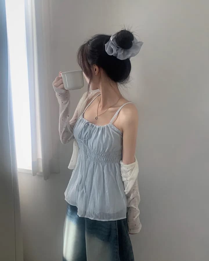 한국 chic 여름 민소매 시폰 셔츠 여성 펌프 로프 동점 벨트 측면 칼라 몸매 가꾸기 슬림해 보이는 슬립 캐주얼 섹시함 맨위 상세 이미지 20