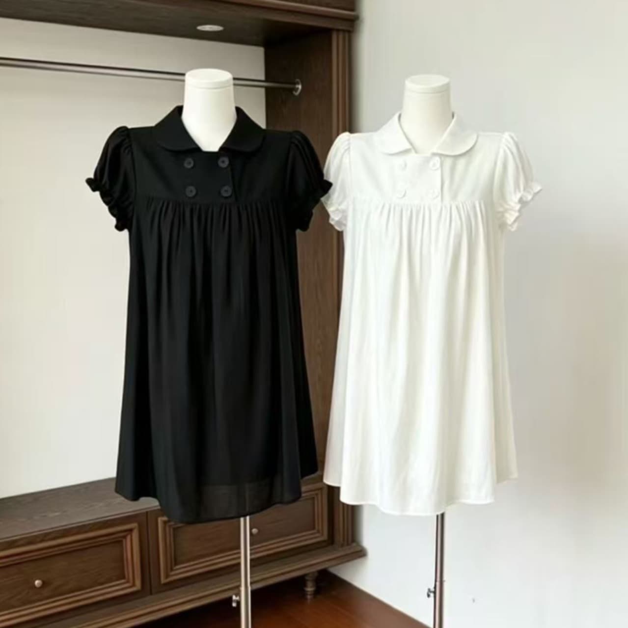 2026 한 부서 이중 버튼 거품 소매 아시아 인 베이비 칼라 셔츠 드레스 긍정적 인 어깨 몸매 가꾸기 디자인 센스 이미지 5