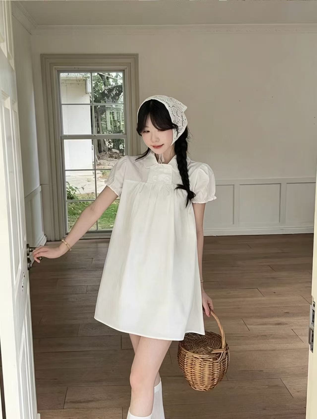 2026 한 부서 이중 버튼 거품 소매 아시아 인 베이비 칼라 셔츠 드레스 긍정적 인 어깨 몸매 가꾸기 디자인 센스 상세 이미지 1
