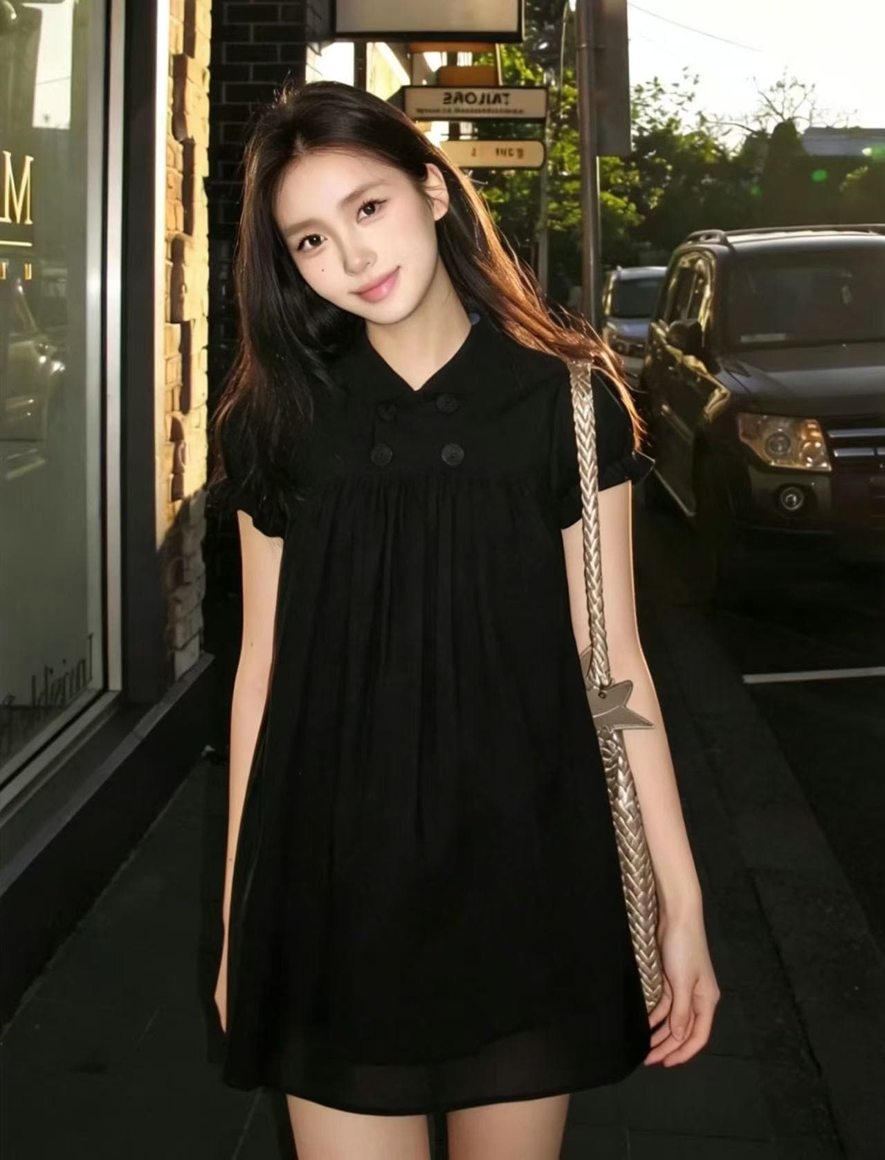 2026 한 부서 이중 버튼 거품 소매 아시아 인 베이비 칼라 셔츠 드레스 긍정적 인 어깨 몸매 가꾸기 디자인 센스 상세 이미지 2