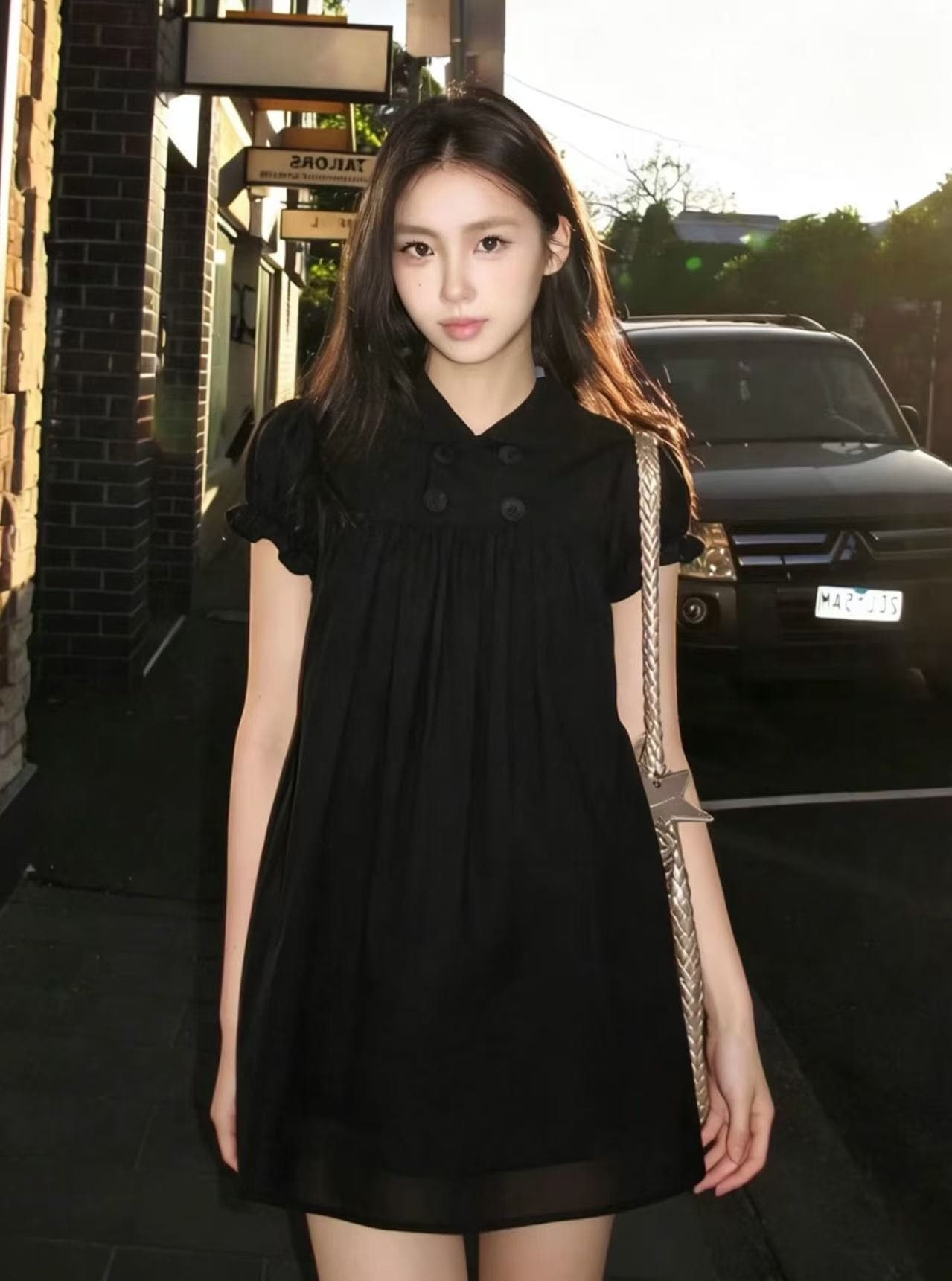 2026 한 부서 이중 버튼 거품 소매 아시아 인 베이비 칼라 셔츠 드레스 긍정적 인 어깨 몸매 가꾸기 디자인 센스 상세 이미지 5