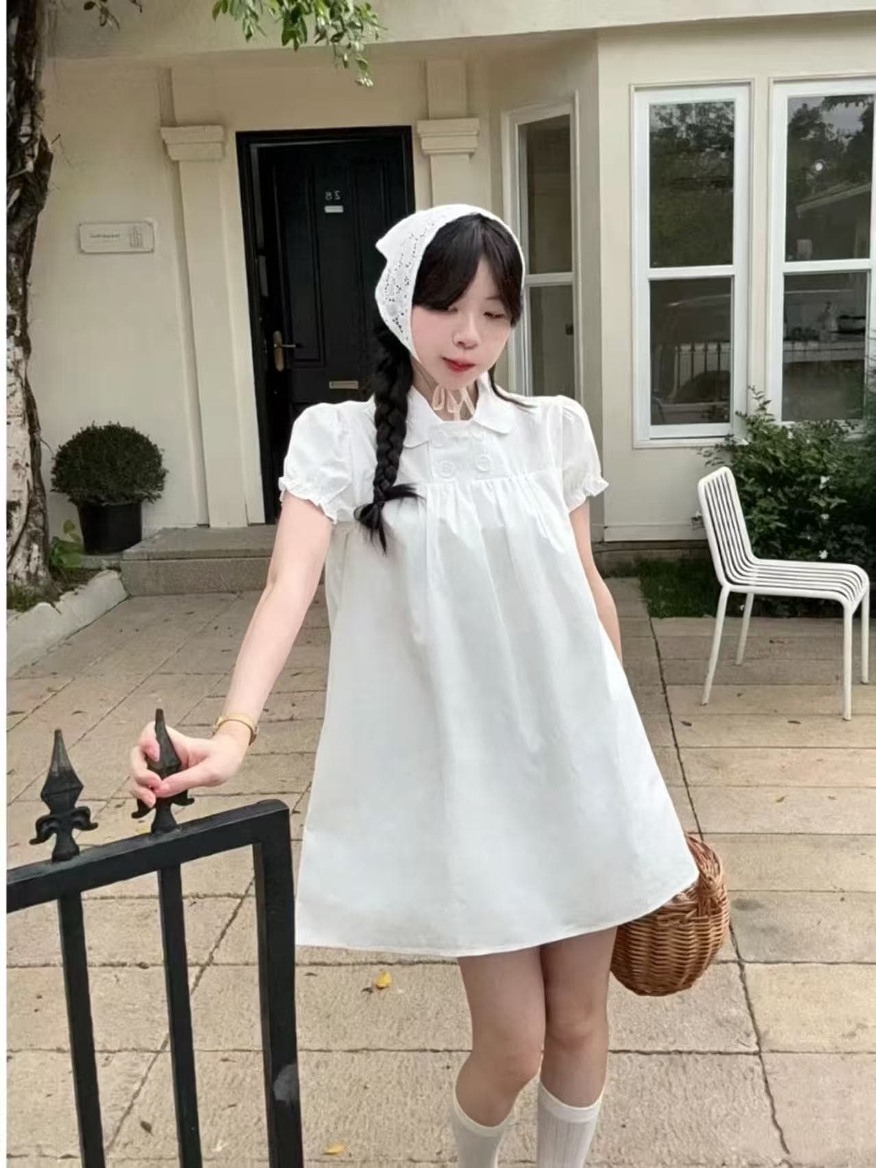 2026 한 부서 이중 버튼 거품 소매 아시아 인 베이비 칼라 셔츠 드레스 긍정적 인 어깨 몸매 가꾸기 디자인 센스 상세 이미지 7