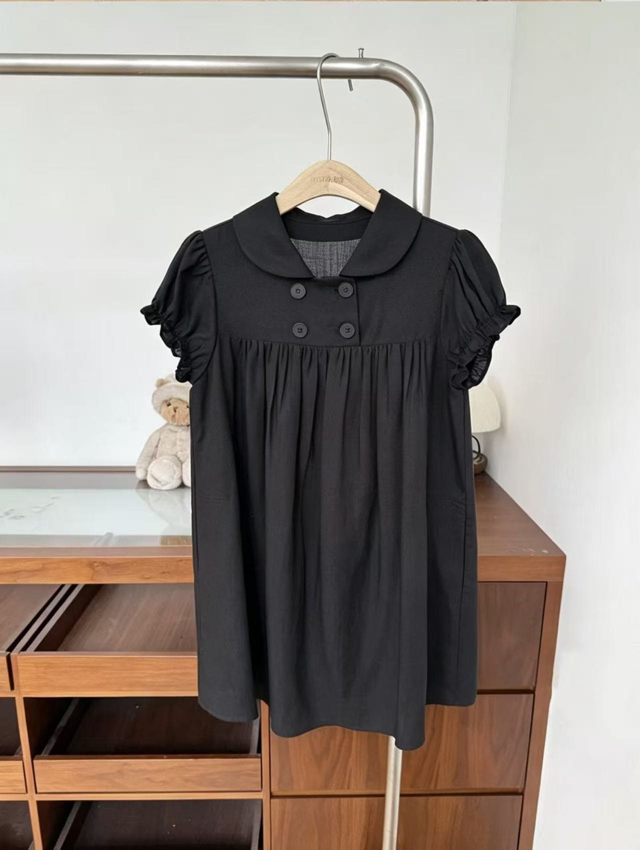 2026 한 부서 이중 버튼 거품 소매 아시아 인 베이비 칼라 셔츠 드레스 긍정적 인 어깨 몸매 가꾸기 디자인 센스 상세 이미지 11