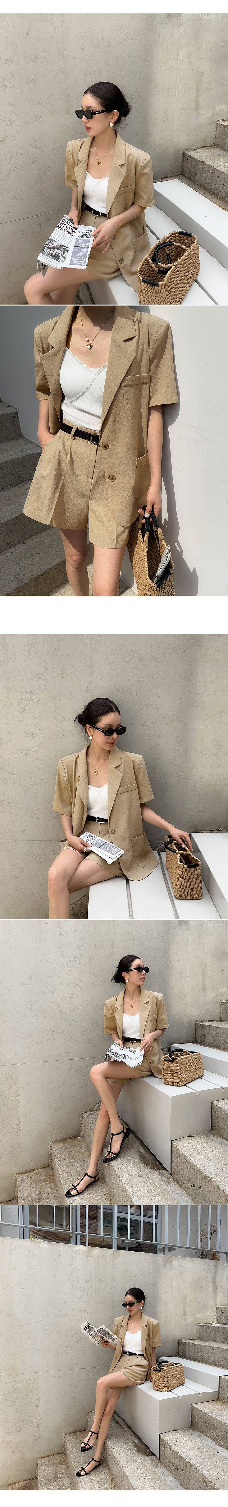 2026 년 여름 폴로 칼라 작은 정장 여성 한국 스타일 캐주얼 얇은 스타일 블레이저 하이웨이스트 반바지 투피스 세트 상세 이미지 6
