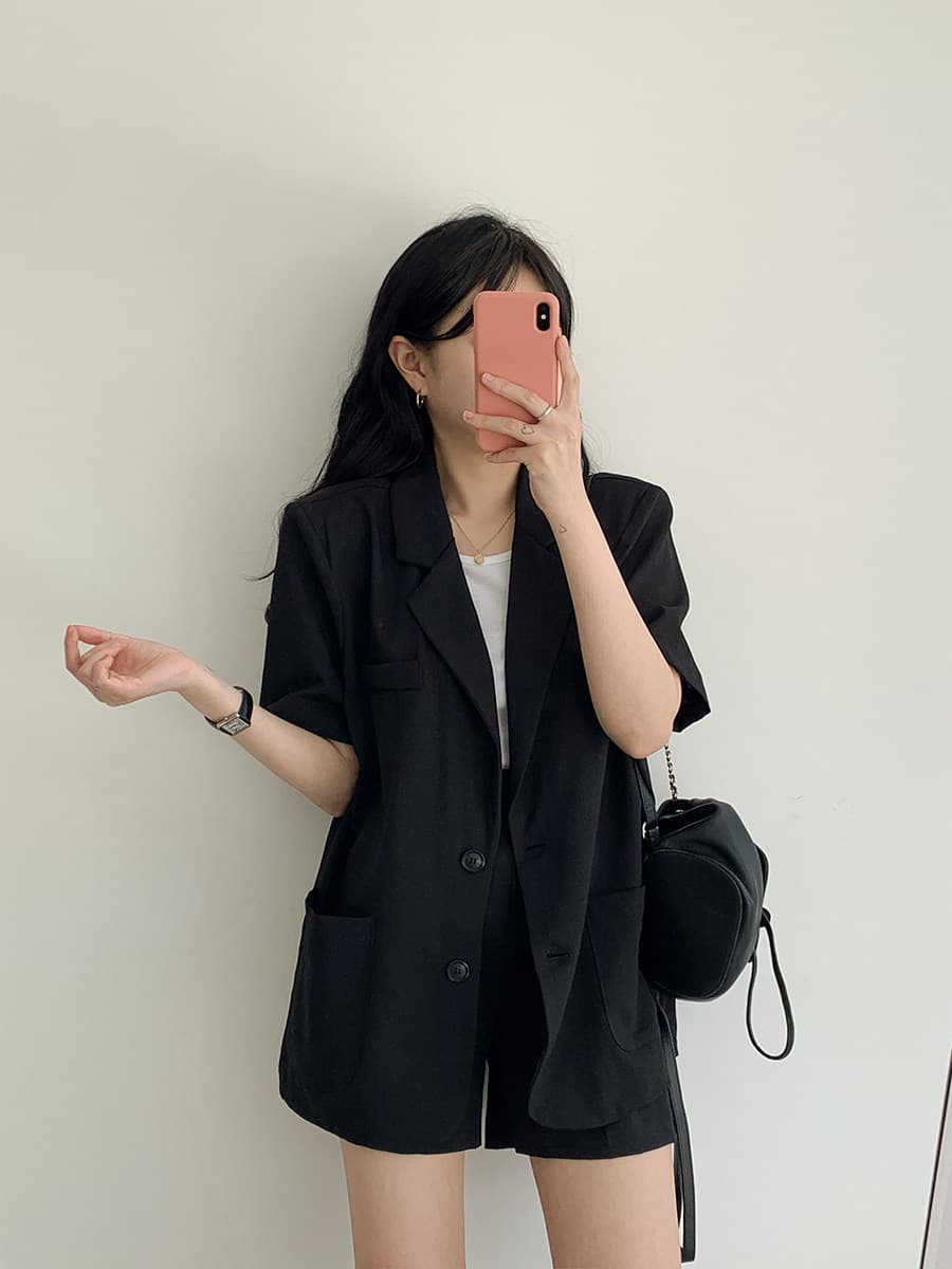 2026 년 여름 폴로 칼라 작은 정장 여성 한국 스타일 캐주얼 얇은 스타일 블레이저 하이웨이스트 반바지 투피스 세트 상세 이미지 8
