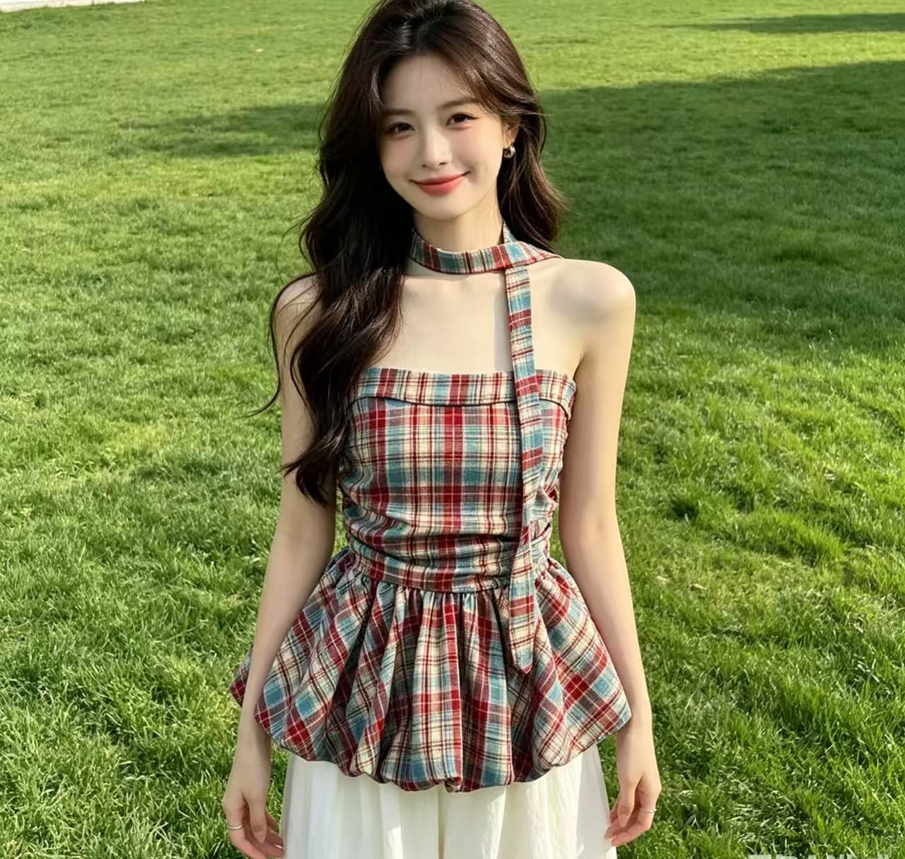 프랑스식 체크무늬 튜브탑 캐미솔 인사이드 가져 가라. 여름 포장 가슴이 없다. 어깨끈 불규칙 민소매 만나는 외출용 맨위 이미지 2
