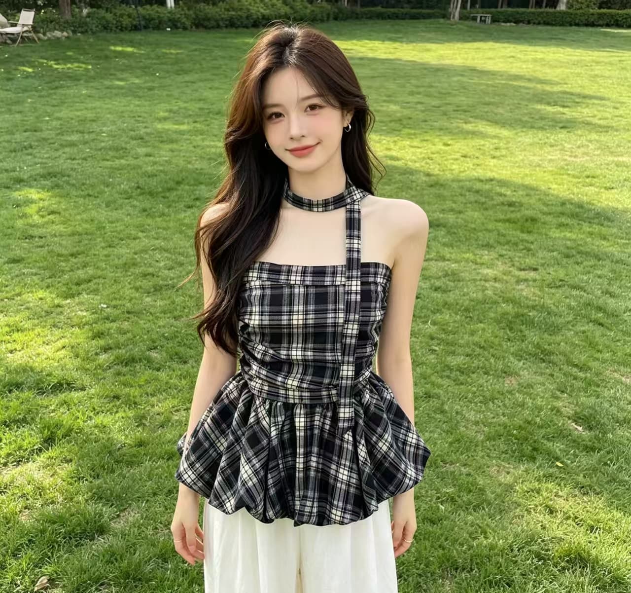 프랑스식 체크무늬 튜브탑 캐미솔 인사이드 가져 가라. 여름 포장 가슴이 없다. 어깨끈 불규칙 민소매 만나는 외출용 맨위 상세 이미지 2