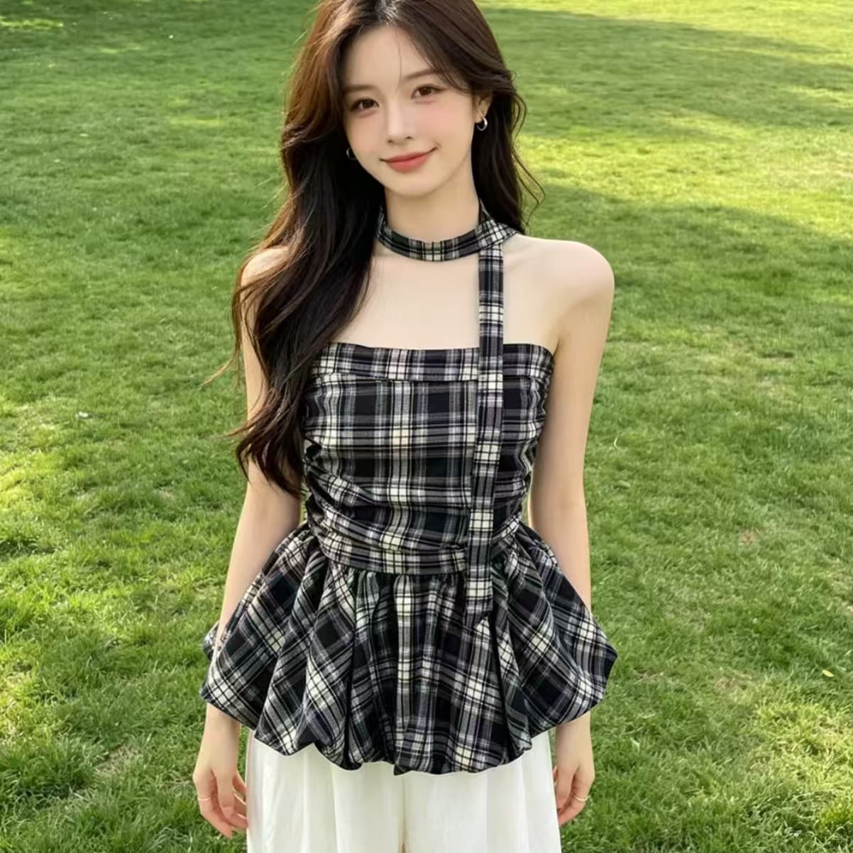 프랑스식 체크무늬 튜브탑 캐미솔 인사이드 가져 가라. 여름 포장 가슴이 없다. 어깨끈 불규칙 민소매 만나는 외출용 맨위