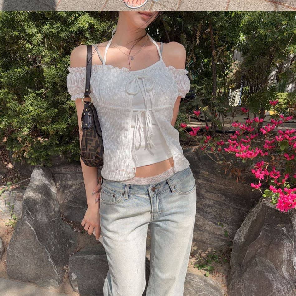 2026 초여름 새로운 여성 페이크 레이어드 슬립 패치워크 몸매 가꾸기 레이스 무늬 셔츠 이미지 3