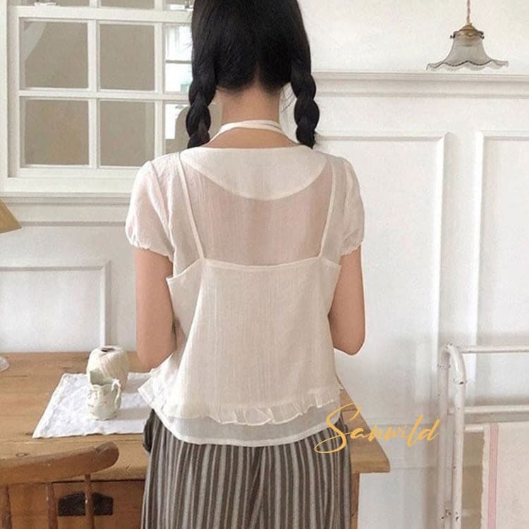 여름 새로운 디자인 센스 작은 대중 Chic 레이스업 오픈 가디건 페이크 레이어드 루즈핏 마이크로 ~을 통해 아름다운 작은 셔츠 이미지 2