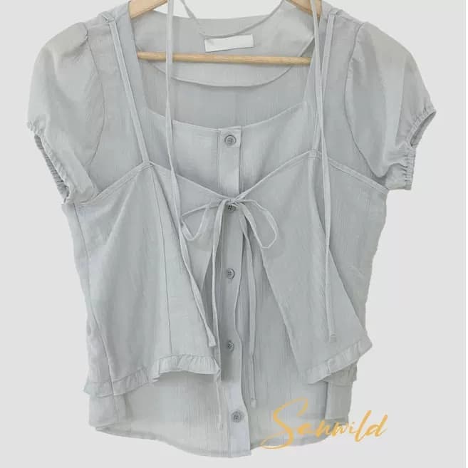 여름 새로운 디자인 센스 작은 대중 Chic 레이스업 오픈 가디건 페이크 레이어드 루즈핏 마이크로 ~을 통해 아름다운 작은 셔츠 상세 이미지 1