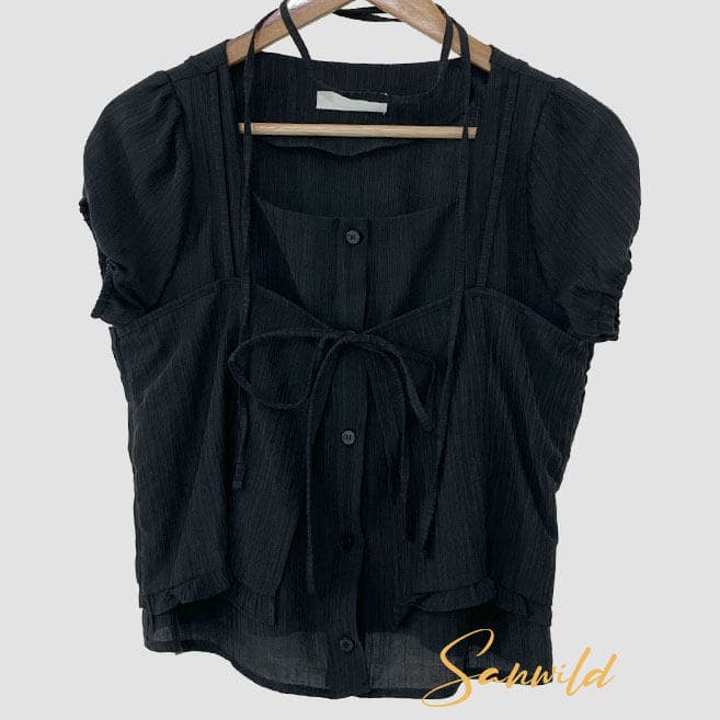 여름 새로운 디자인 센스 작은 대중 Chic 레이스업 오픈 가디건 페이크 레이어드 루즈핏 마이크로 ~을 통해 아름다운 작은 셔츠 상세 이미지 4