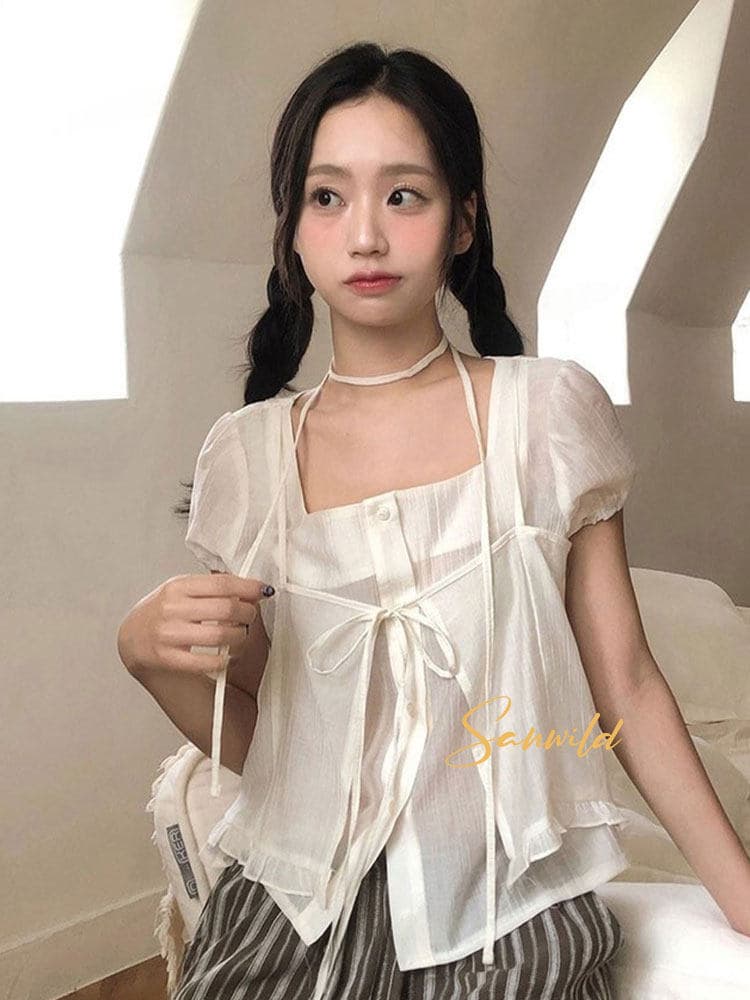 여름 새로운 디자인 센스 작은 대중 Chic 레이스업 오픈 가디건 페이크 레이어드 루즈핏 마이크로 ~을 통해 아름다운 작은 셔츠 상세 이미지 11