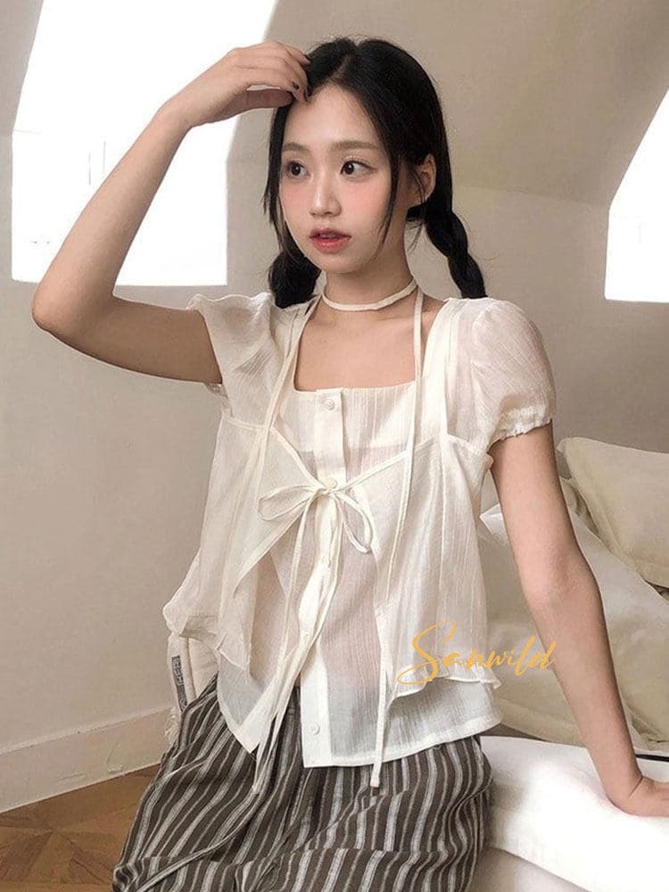 여름 새로운 디자인 센스 작은 대중 Chic 레이스업 오픈 가디건 페이크 레이어드 루즈핏 마이크로 ~을 통해 아름다운 작은 셔츠 상세 이미지 14