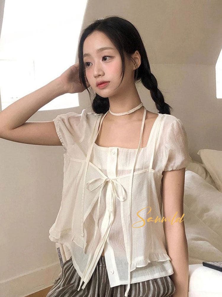 여름 새로운 디자인 센스 작은 대중 Chic 레이스업 오픈 가디건 페이크 레이어드 루즈핏 마이크로 ~을 통해 아름다운 작은 셔츠 상세 이미지 20