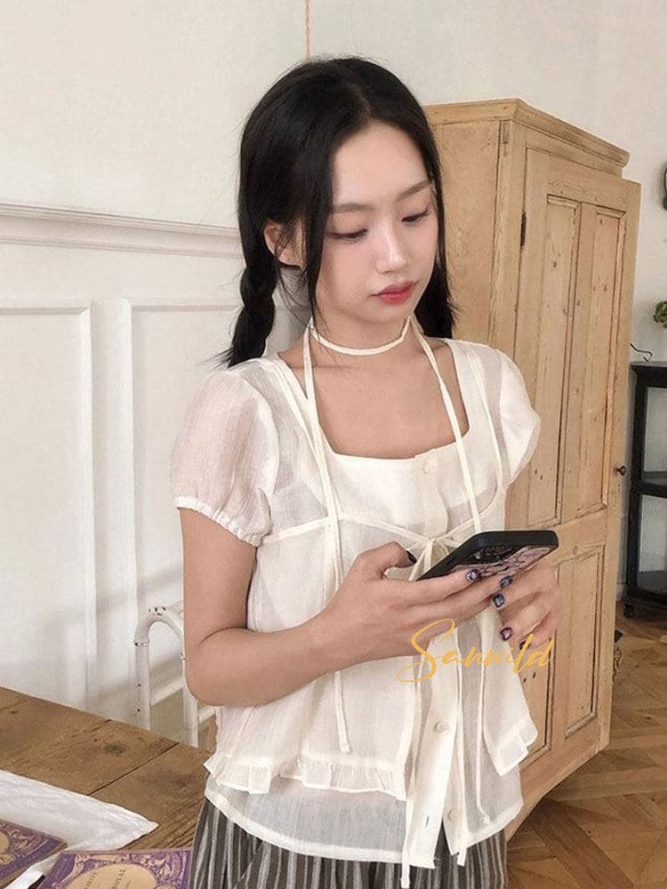 여름 새로운 디자인 센스 작은 대중 Chic 레이스업 오픈 가디건 페이크 레이어드 루즈핏 마이크로 ~을 통해 아름다운 작은 셔츠 상세 이미지 24