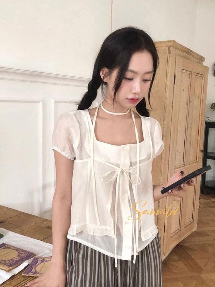 여름 새로운 디자인 센스 작은 대중 Chic 레이스업 오픈 가디건 페이크 레이어드 루즈핏 마이크로 ~을 통해 아름다운 작은 셔츠 상세 이미지 25