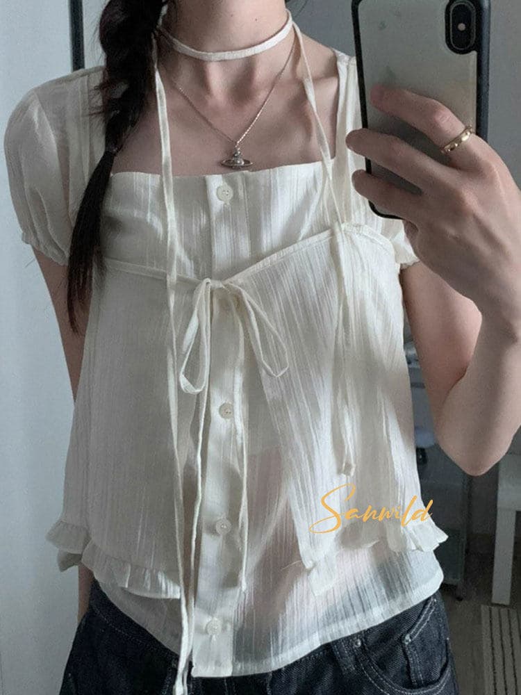 여름 새로운 디자인 센스 작은 대중 Chic 레이스업 오픈 가디건 페이크 레이어드 루즈핏 마이크로 ~을 통해 아름다운 작은 셔츠 상세 이미지 35