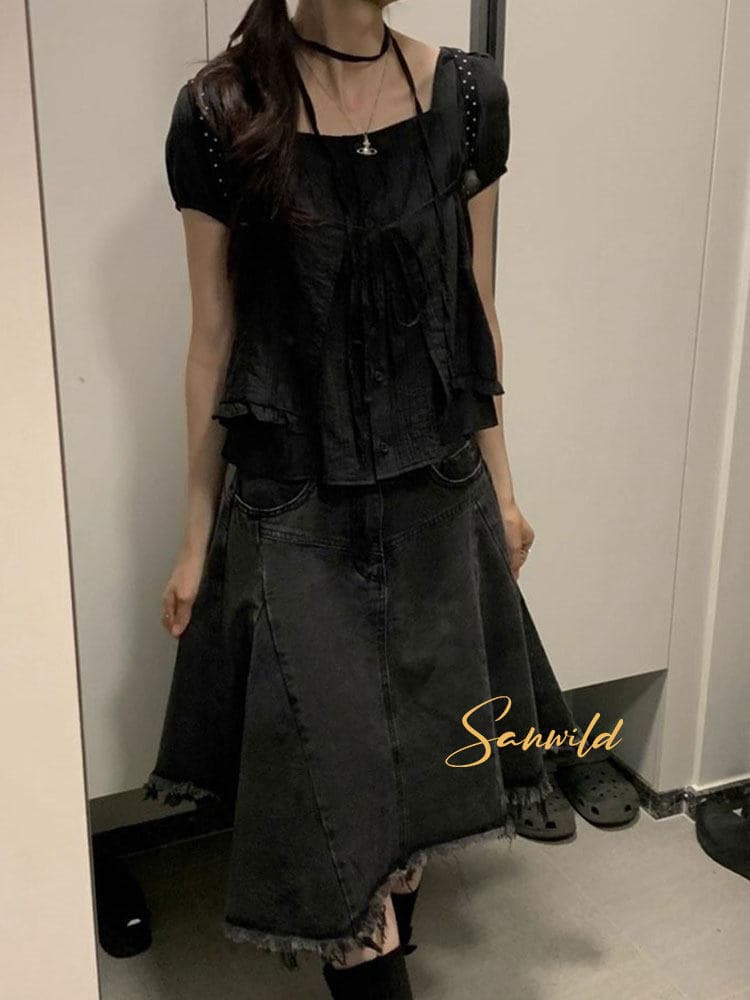 여름 새로운 디자인 센스 작은 대중 Chic 레이스업 오픈 가디건 페이크 레이어드 루즈핏 마이크로 ~을 통해 아름다운 작은 셔츠 상세 이미지 41