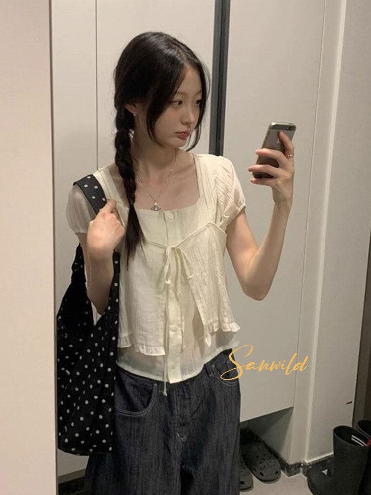 여름 새로운 디자인 센스 작은 대중 Chic 레이스업 오픈 가디건 페이크 레이어드 루즈핏 마이크로 ~을 통해 아름다운 작은 셔츠 상세 이미지 44