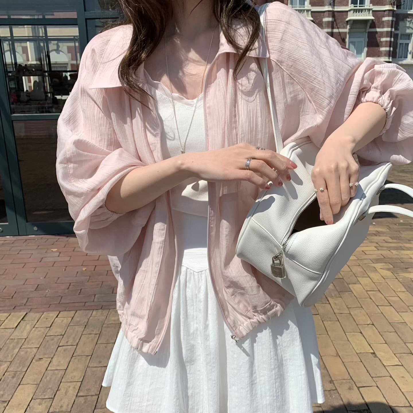 한 부서 봄 여름 루즈핏 다용도 폴로 칼라 자외선 차단 재킷 디스플레이 화이트 시스루 얇고 가벼운 허리 수축 지퍼 여성 코트