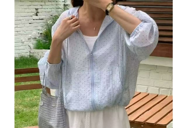한국 동대문 2026 여름 새로운 프랑스식 도트 무늬 느슨함 센스 연령 감소 후드 셔츠 레이스 재킷 셔츠 여성 상세 이미지 3