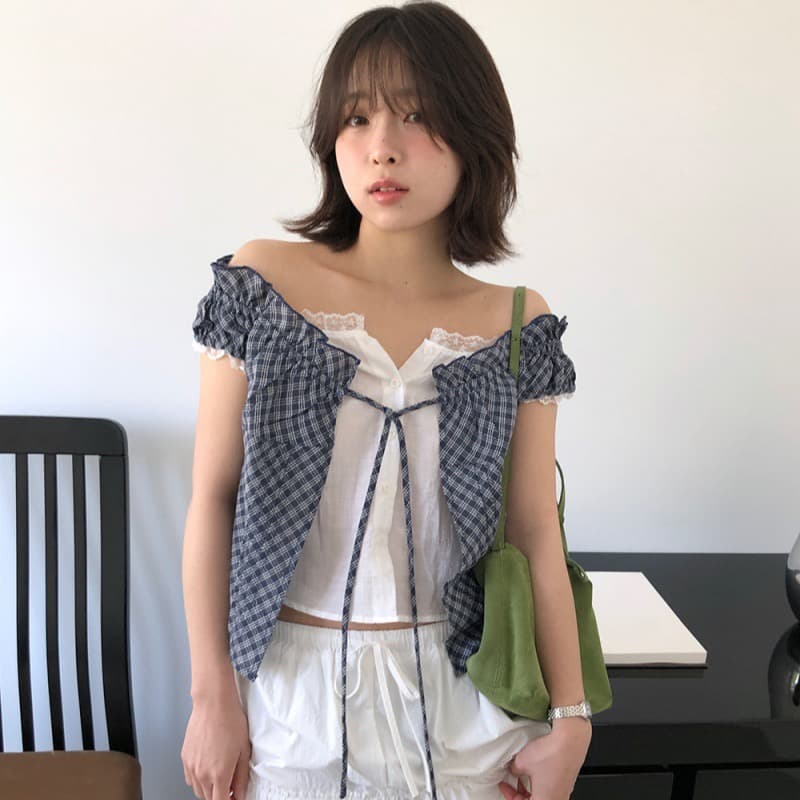 한국 chic 한 부서 단색 행침 목 슬립 코디 펌프 Pleat 체크무늬 셔츠 오픈 가디건 상세 이미지 5