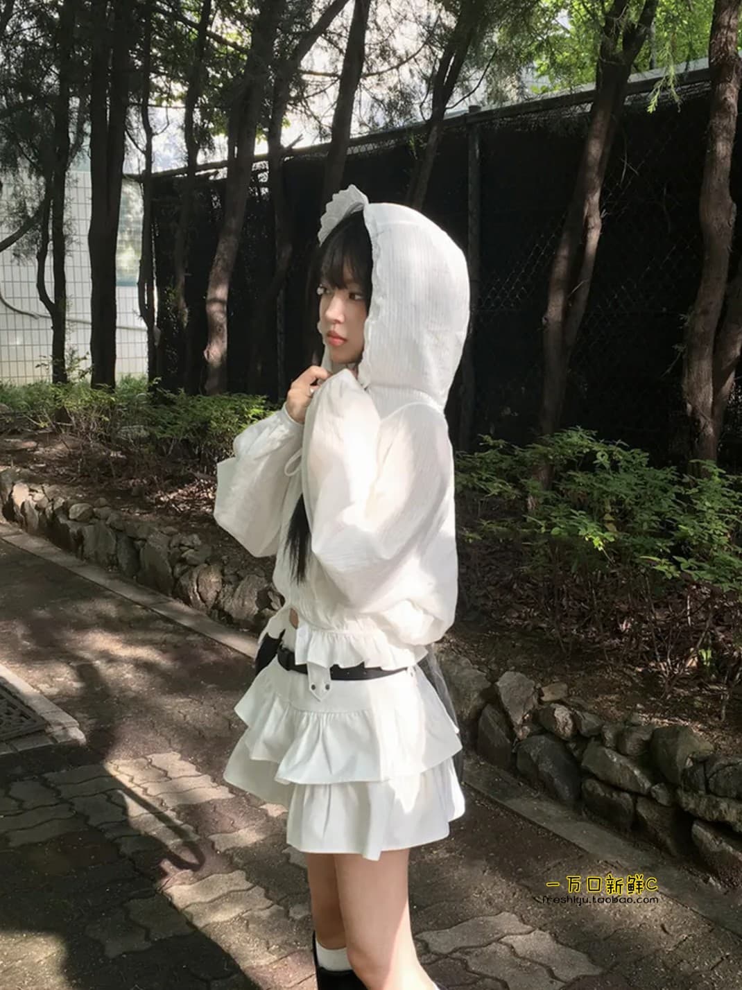 한국 chic 여름 새로운 디자인 센스 밴딩 허리 수축 레이스 후드 레이스 긴팔 자외선 차단 재킷 c 상세 이미지 3