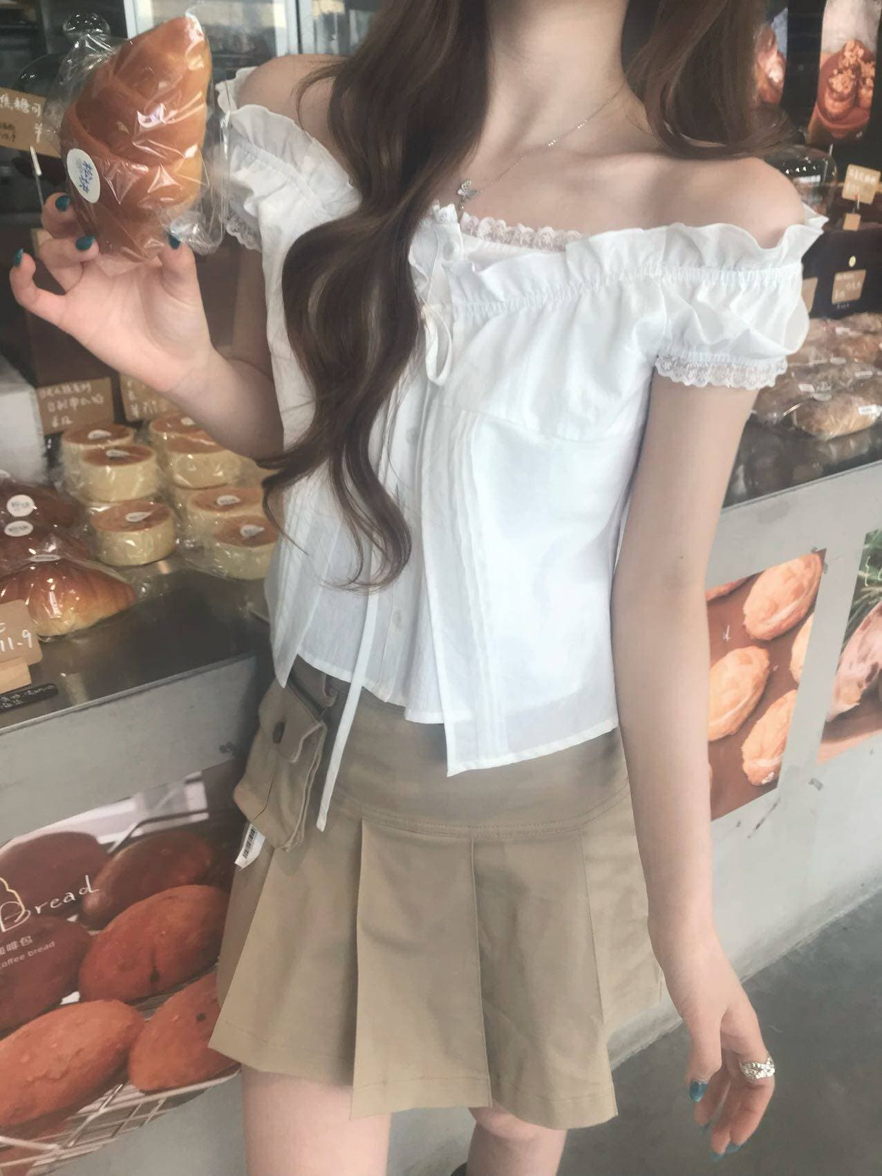 한국 절묘한 페이크 레이어드 레이스 칼라 스트랩 캐주얼 작은 셔츠 상세 이미지 10