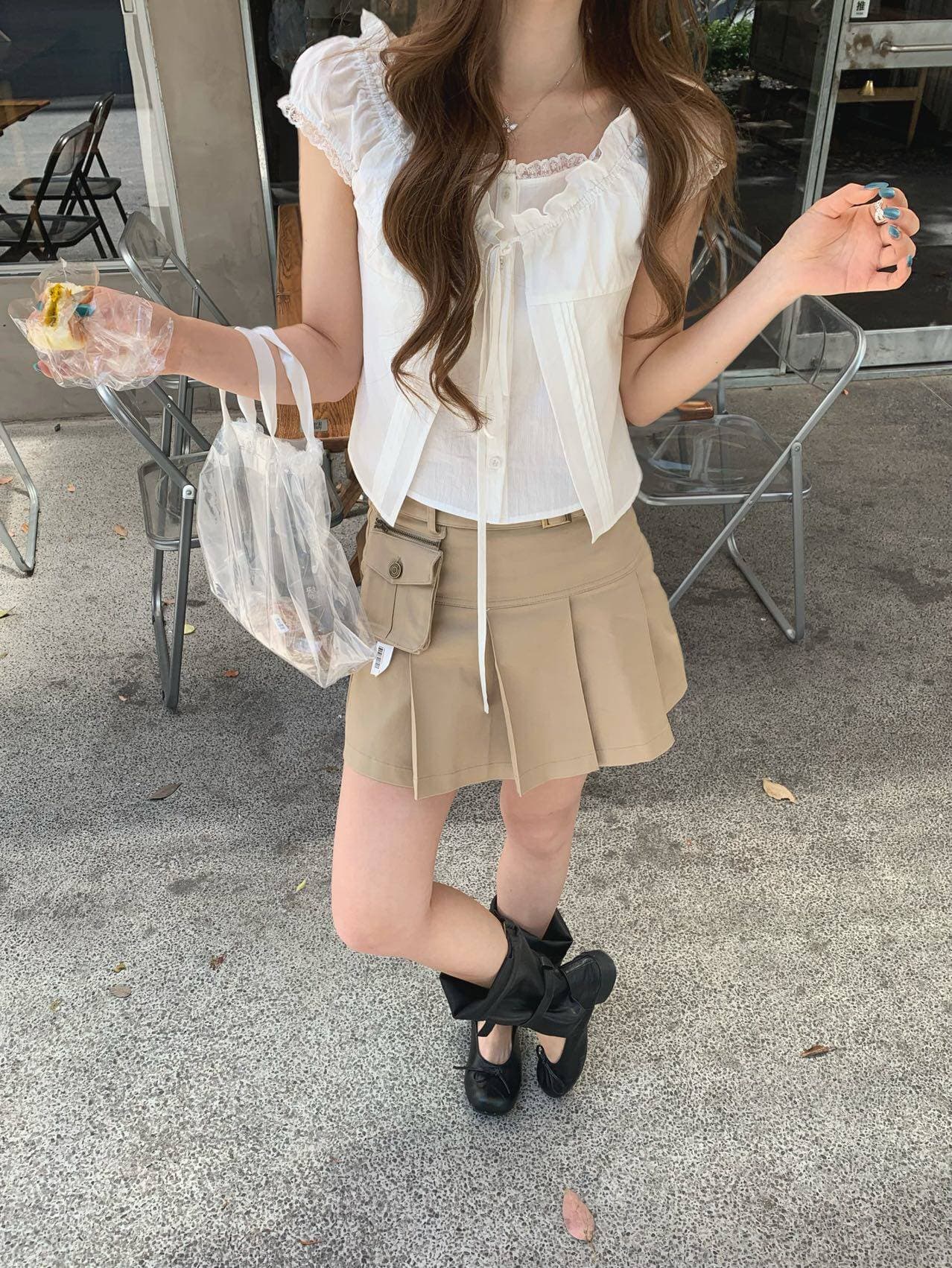 한국 절묘한 페이크 레이어드 레이스 칼라 스트랩 캐주얼 작은 셔츠 상세 이미지 13