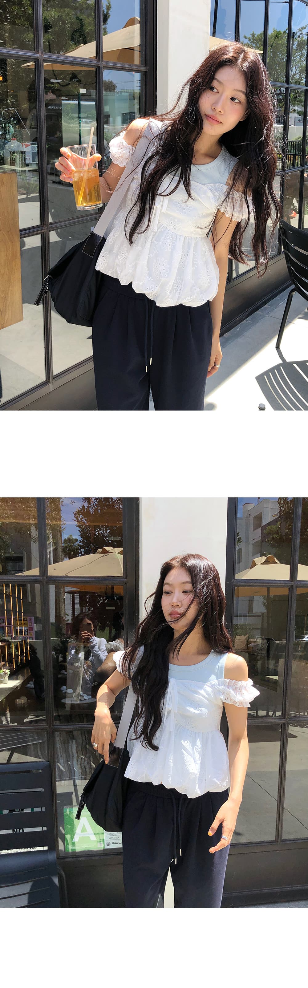 한국 chic 여름 홀로우 아웃 자수 반팔 화이트 여성 셔츠 작은 키 패션 오프숄더 디자인 센스 품격 맨위 상세 이미지 9