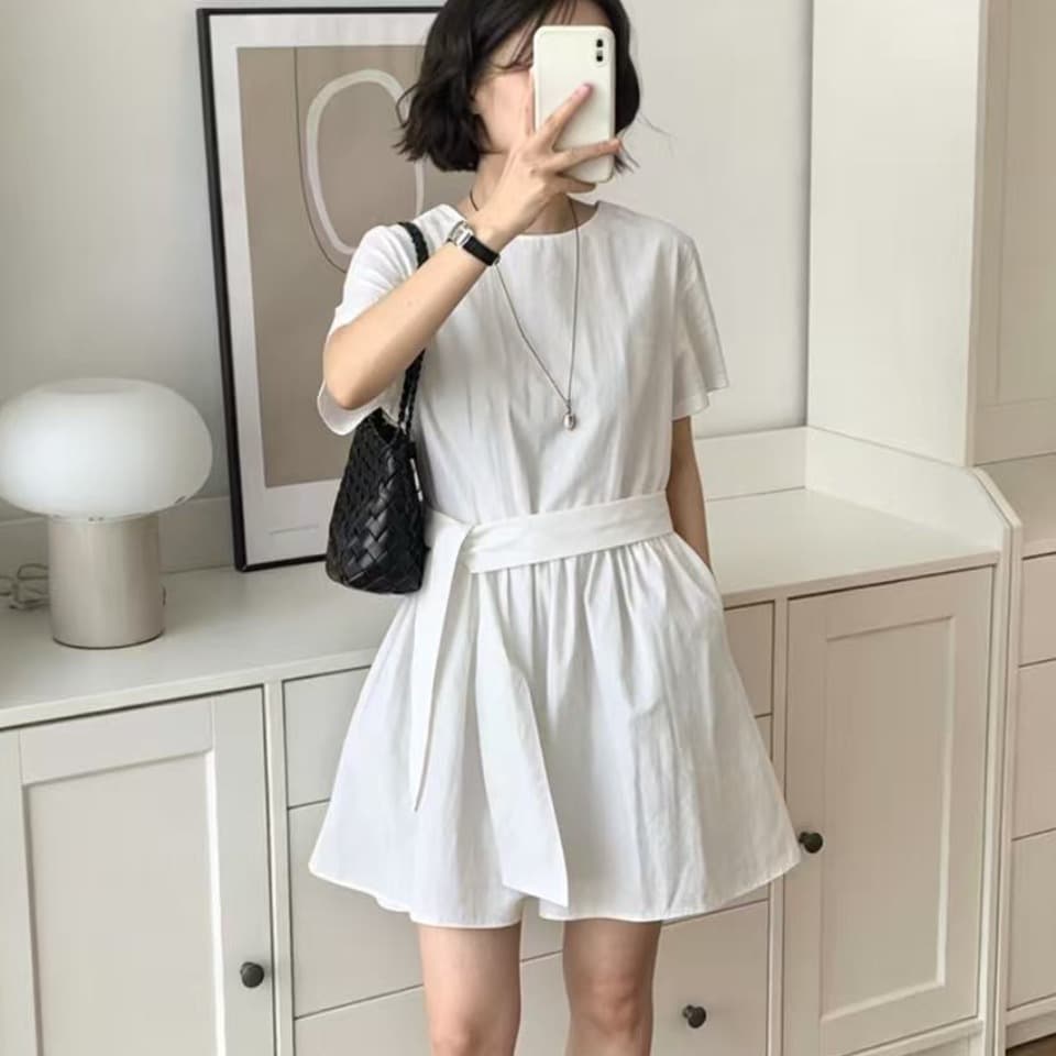 soloki 한 부서 레트로 스트랩 하이웨이스트 루즈핏 허리 수축 다용도 캐주얼 품격 달콤함 쌀 살구 색상 여성 드레스 이미지 2