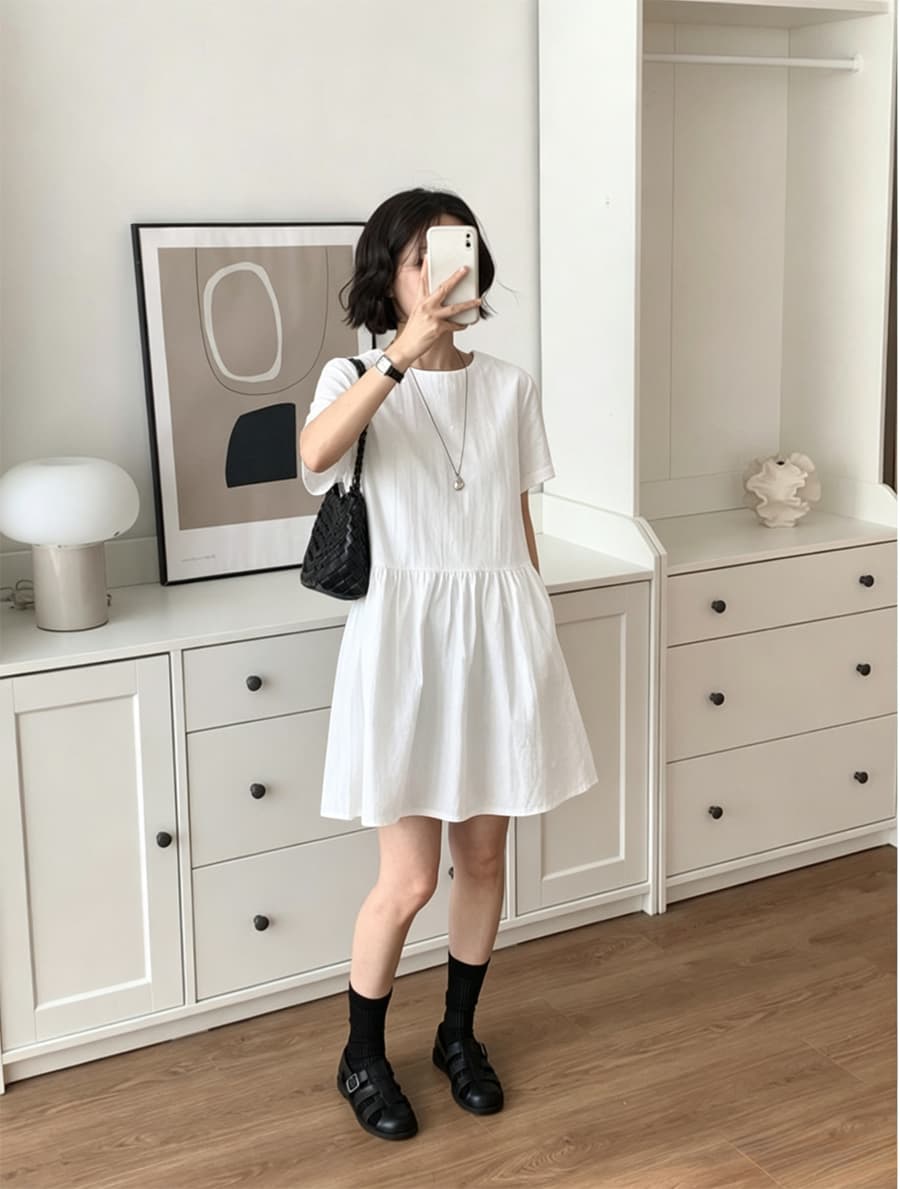 soloki 한 부서 레트로 스트랩 하이웨이스트 루즈핏 허리 수축 다용도 캐주얼 품격 달콤함 쌀 살구 색상 여성 드레스 상세 이미지 1