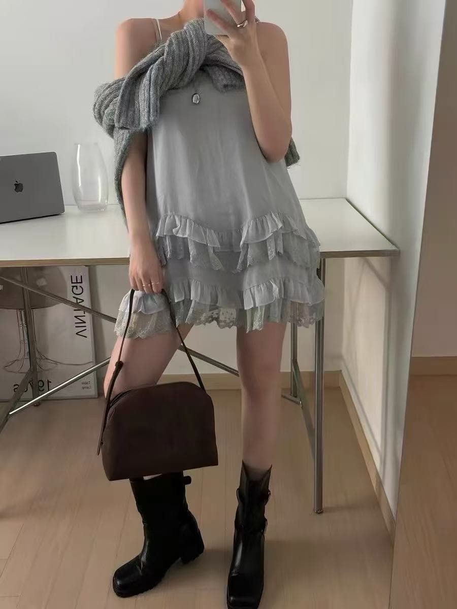 한국 순수한 욕망 부드러운 레이스 이중층 레이스 쉬폰 스택 착용 프릴 슬립 드레스 맨위 상세 이미지 28