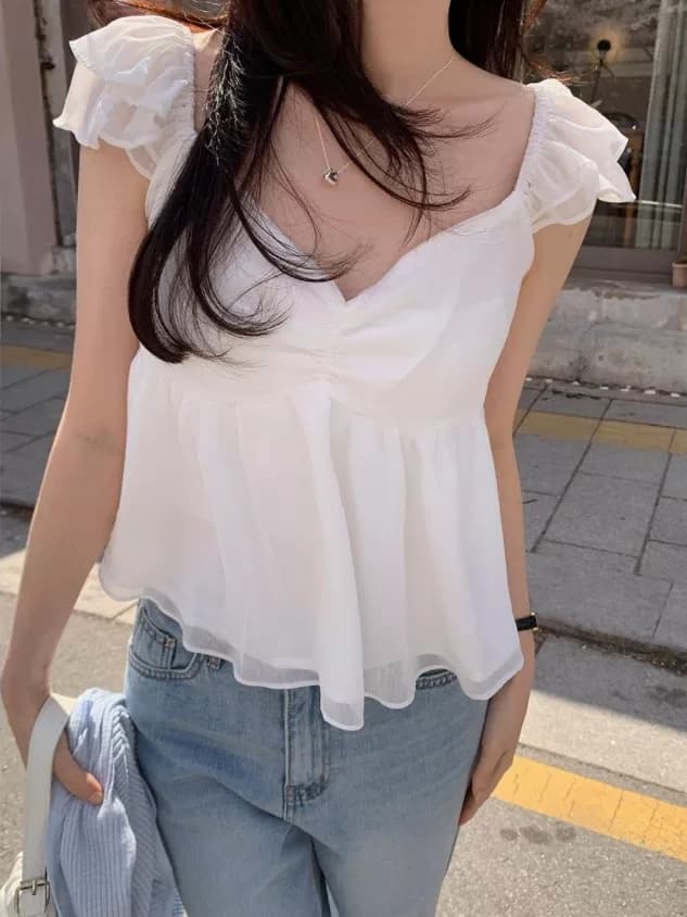 2026 년 Feifei 소매 쇼트 스타일 맨위 여성 여름 캐주얼 다용도 슬림해 보이는 V넥 품격 고급 센스 쉬폰 블라우스 상세 이미지 1
