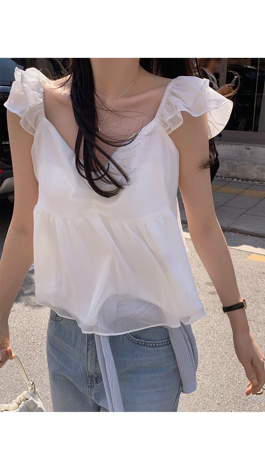 2026 년 Feifei 소매 쇼트 스타일 맨위 여성 여름 캐주얼 다용도 슬림해 보이는 V넥 품격 고급 센스 쉬폰 블라우스 상세 이미지 4