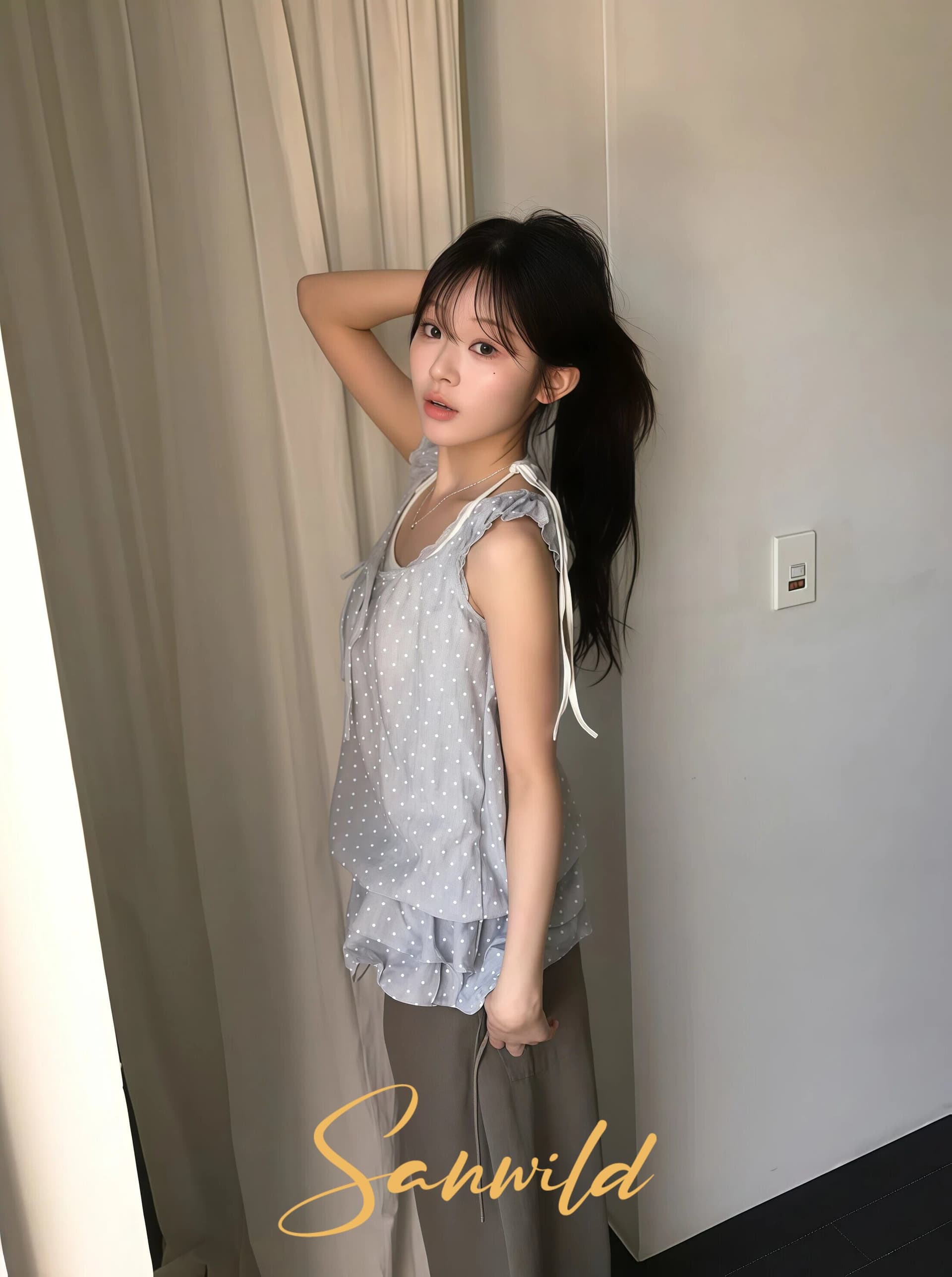 한 부서 소녀 바람 도트 무늬 행침 목 프릴 캐미솔 디자인 센스 달콤함 맨위 상세 이미지 8
