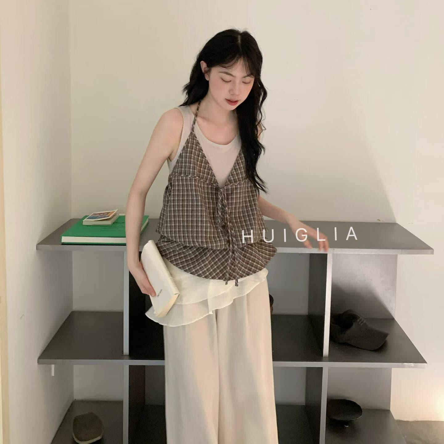 2026 한 부서 체크무늬 패치워크 민소매 조끼 여성 여름 디자인 센스 캐주얼 다용도 행침 목 맨위 이미지 3