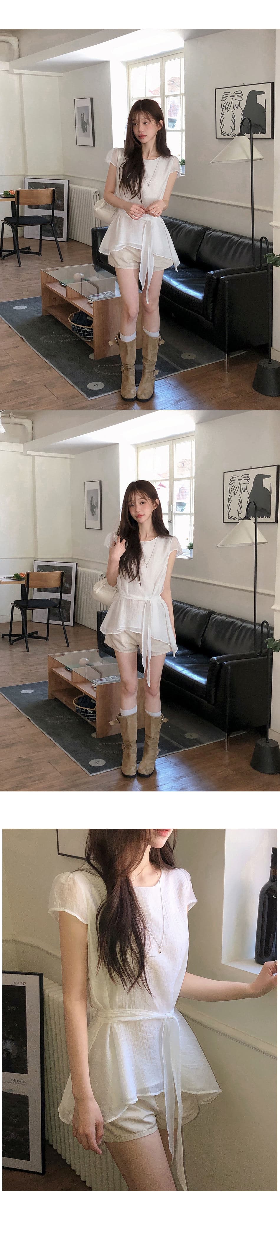 심장 기계 볶다 몽환 공주 질감 센스 스트랩 반팔 셔츠 상세 이미지 5