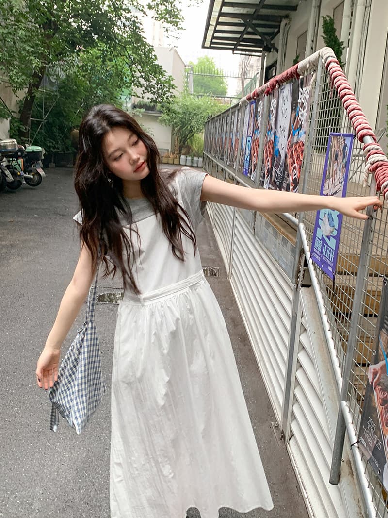 반팔 티셔츠 화이트 슬립 드레스 드레스 세트 드레스 여성 청 순수한 시스템 느슨함 센스 전체 집합 투피스 세트 상세 이미지 8