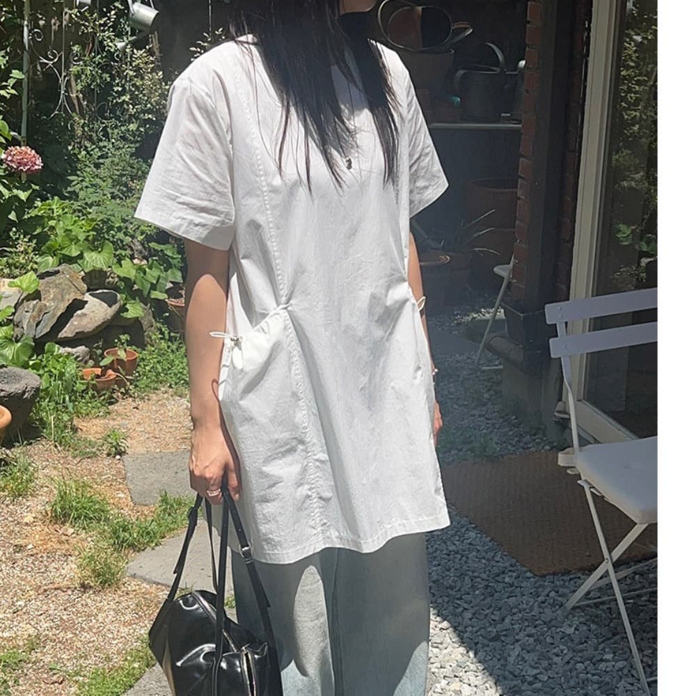 한국 동대문 여름 새로운 프랑스식 레트로 작은 대중 라운드 넥 루즈핏 빅 포켓 여성 드레스 중간 길이 치마 이미지 3