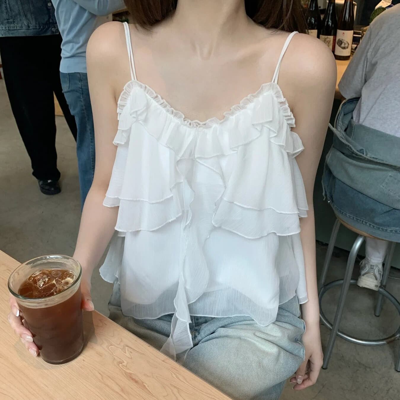 한국 프릴 캐미솔 여름 연령 감소 부드러운 외출용 불규칙 리본 민소매 V넥 맨위 이미지 5
