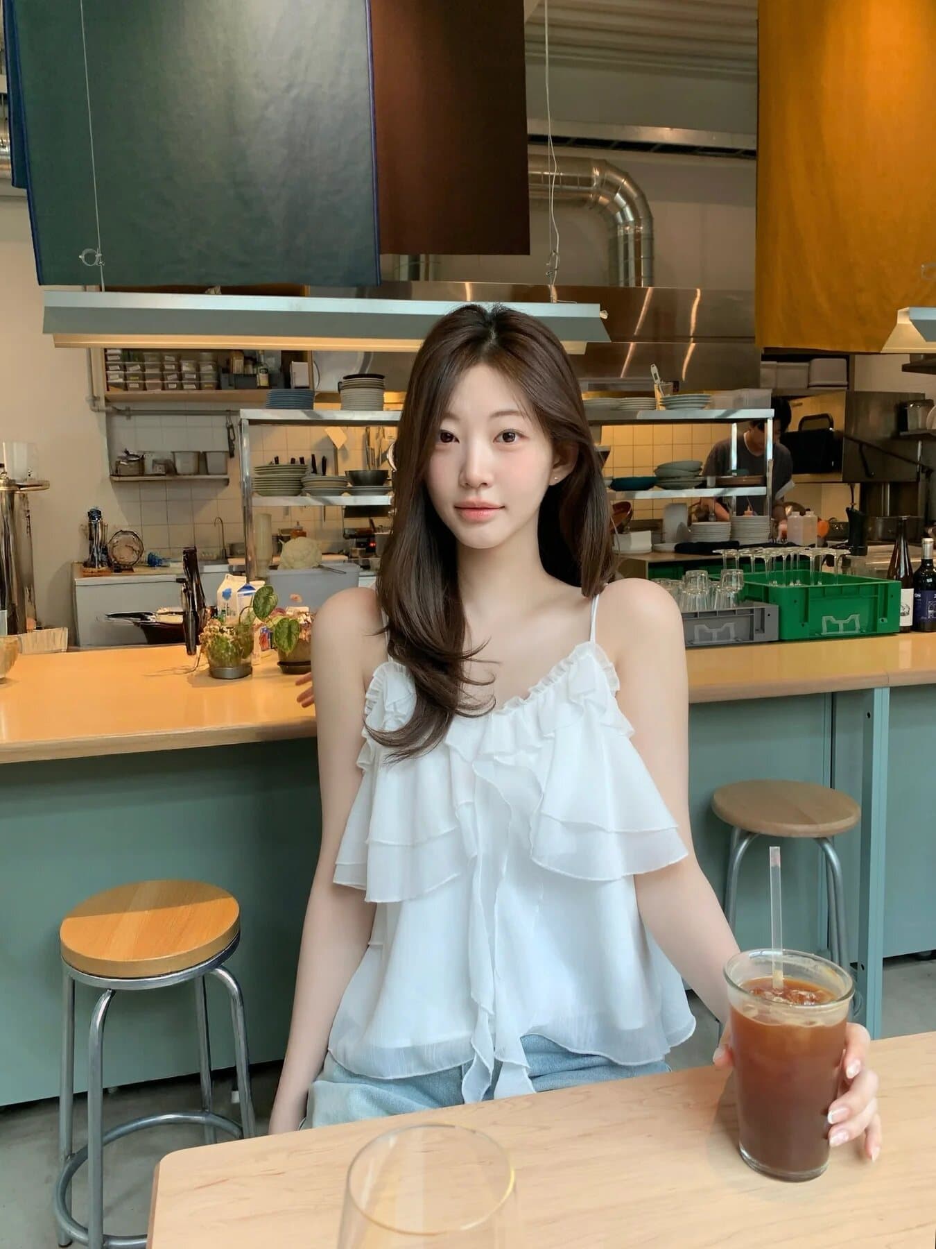 한국 프릴 캐미솔 여름 연령 감소 부드러운 외출용 불규칙 리본 민소매 V넥 맨위 상세 이미지 7