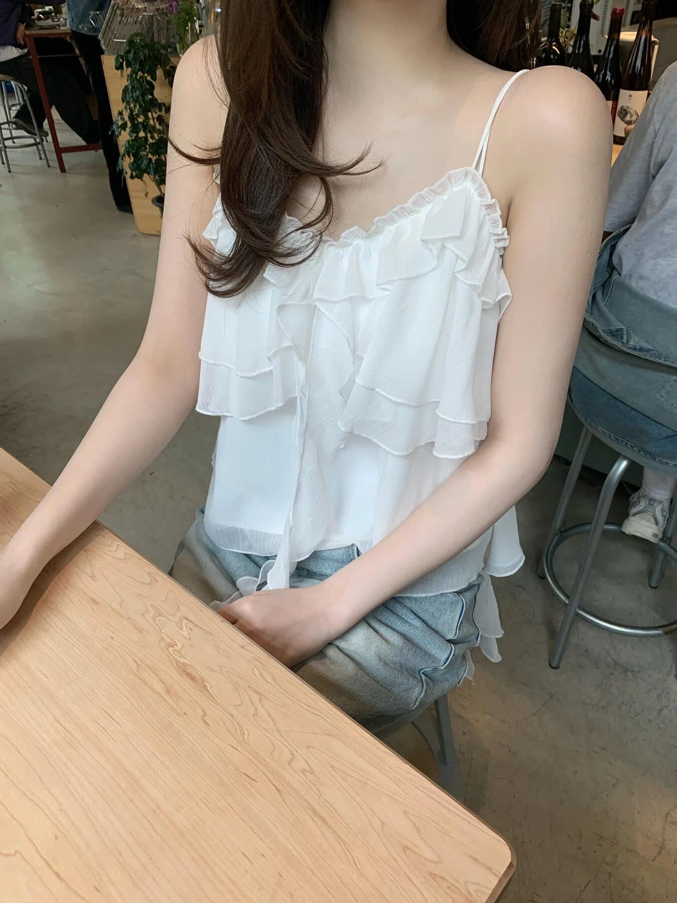 한국 프릴 캐미솔 여름 연령 감소 부드러운 외출용 불규칙 리본 민소매 V넥 맨위 상세 이미지 9