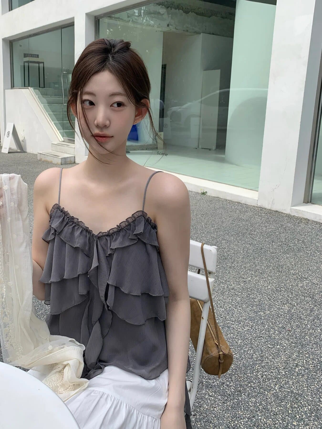 한국 프릴 캐미솔 여름 연령 감소 부드러운 외출용 불규칙 리본 민소매 V넥 맨위 상세 이미지 22