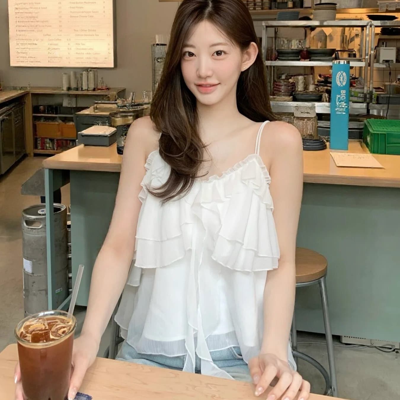 한국 프릴 캐미솔 여름 연령 감소 부드러운 외출용 불규칙 리본 민소매 V넥 맨위